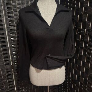 She + Sky Black Collared cropped sweater Sz S